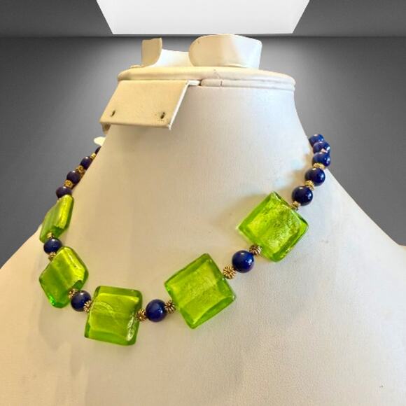 Vibrant Green Dark Blue Glass Beaded Artisan Collar Necklace - Picture 7 of 8
